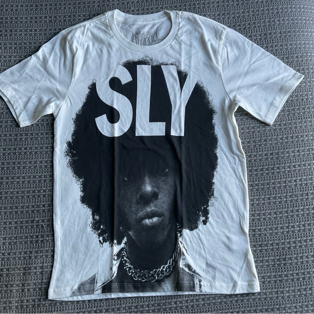 Sly Stone tshirt, print on white. Size S